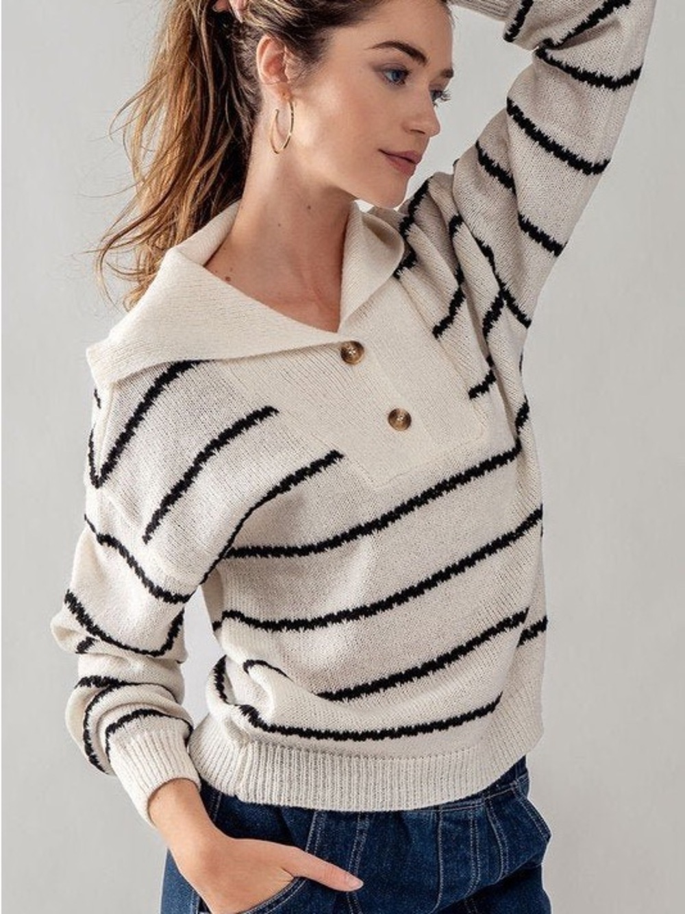 Blu Pepper Cream and Black Striped Collared Knit Sweater